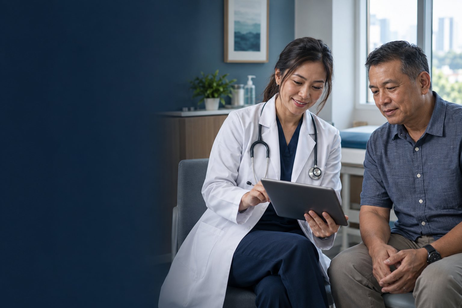 Illustrative scene of a GP discussing an imaging referral with a patient using a tablet.
