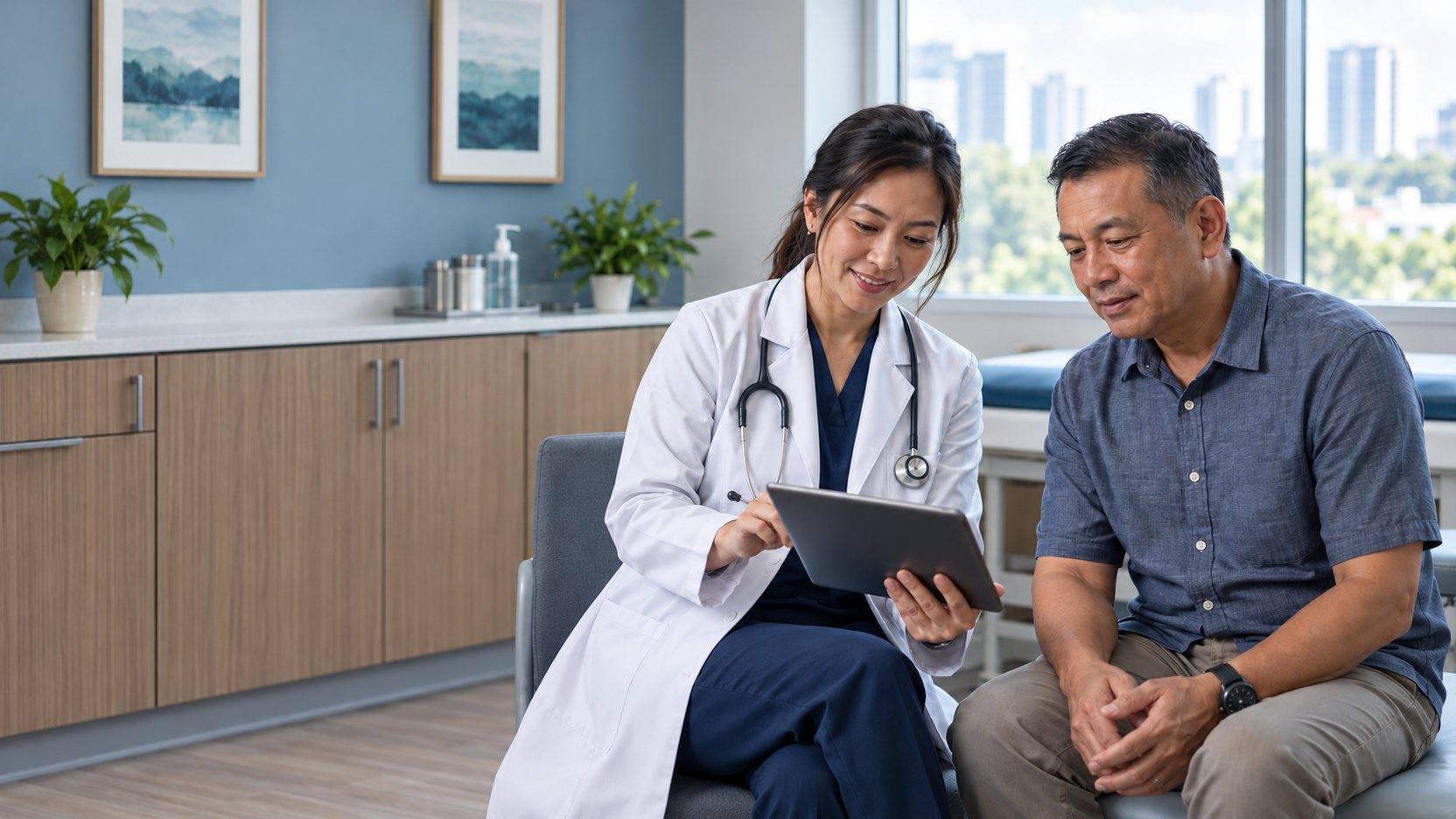 Illustrative clinician sharing information on a tablet with a patient in a consultation room.
