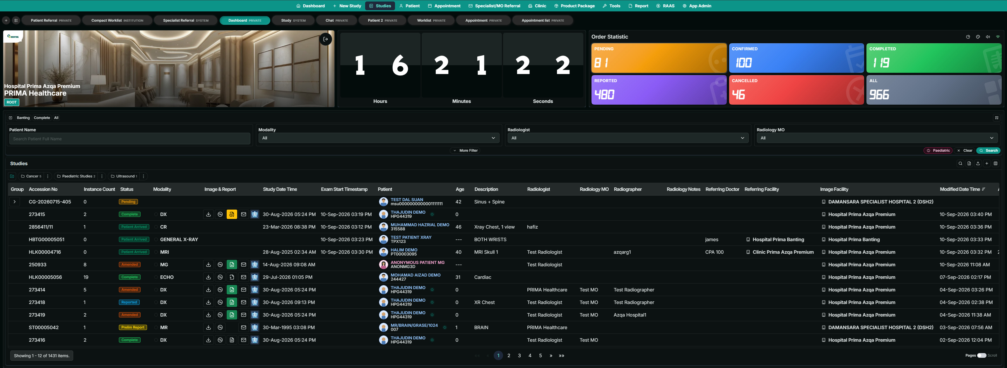 Prima RIS dashboard with a study worklist and synthetic demo data.